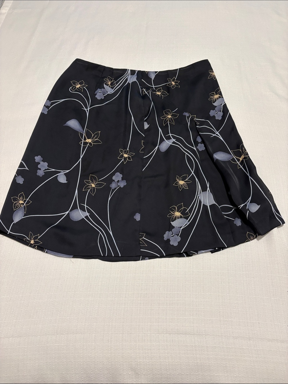 LOFT Black Midi Skirt with Gray and Gold Floral Print